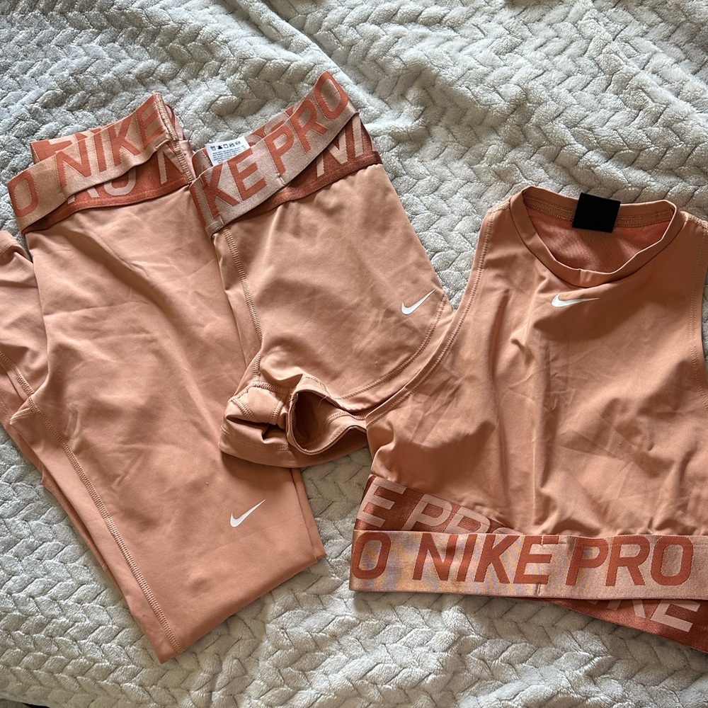 3 Piece Nike Coral High-Neck Logo Crop Tank, Pants and Shorts